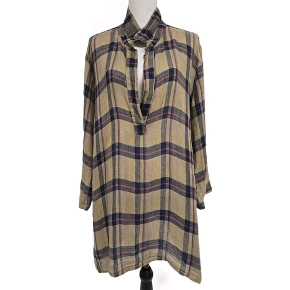 CP Shades Tops - Free People CP Shades Lara Tunic Plaid Dress 100% Linen Brown Blue Women’s Sz XL